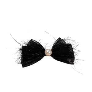 Elegant black chiffon bow hair clip with a centered pearl and textured fringe design