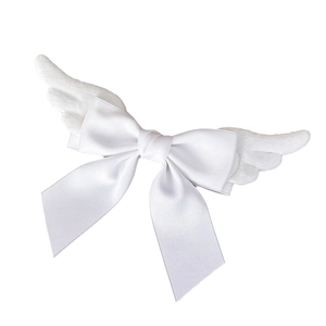 Cute white plush angel wing hair clip with satin bow for Lolita style and sweet girls