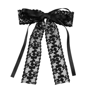 Elegant French style black lace bow hair clip with vintage floral embroidery detail