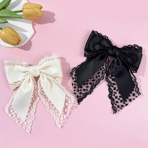 French Vintage Lace Satin Bowknot Hair Clip Elegant Black Beige Duckbill Clip For Women Wedding Party Hair Accessory