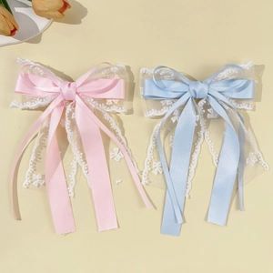 Eleganti fermagli per capelli con fiocco in pizzo rosa e blu e lunghi nastri