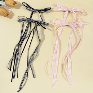 Gingham Ribbon Bow Streamer Hair Clips For Women French Mori Style Balletcore Long Webbing Bowknot Hair Accessories Hair Clip