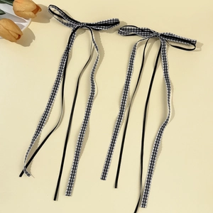 Chic plaid bow hair clips with long ribbons in ballet style for sweet girls