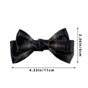 Detailed dimensions of the elegant black glitter bow hair clip with golden sparkle
