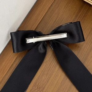 Elegant black satin double layer bow hair clip with silver metal alligator grip for women