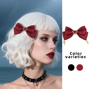 Gothic wine red satin bow hair clip with heart gem and hanging golden crosses