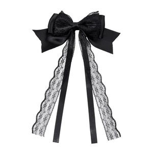 Elegant black satin lace bow hair clip with long ribbons for vintage gothic style