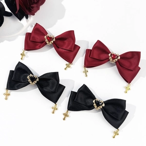 Gothic Satin Ribbon Bow Hair Clip For Women Retro Punk Heart Rhinestone Cross Pendant Alligator Clip Lolita Hair Accessories