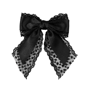 Elegant black lace bow hair clip featuring satin fabric and fine openwork lace textures