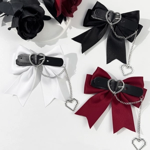 Gothic Schleife Haarklammer Band Kunstleder Herz Schnalle Metall Kette Pixel Herz Anhänger Lolita Punk Haarschmuck Damen