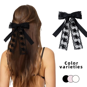 Barrette à cheveux élégante en dentelle brodée avec rubans en satin noir pour femme