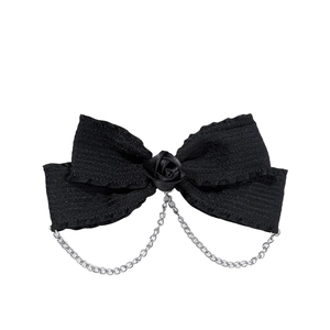 Barrette gothique nœud noir avec rose et chaînes argentées style punk lolita chic