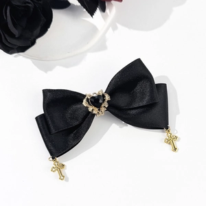 Gothic black satin bow hair clip with golden heart and cross pendants in punk style