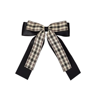 Japanese style double-layered plaid bow hair clip with black ribbons for women