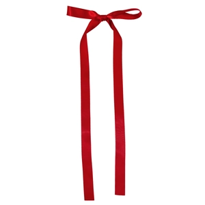 Elegant long red satin ribbon bow hair clip with flowing streamers on white background