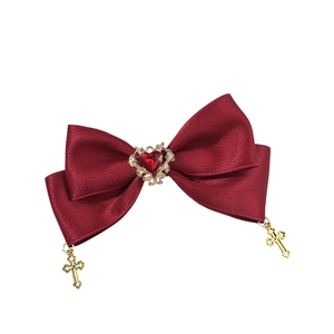 Gothic wine red satin bow hair clip with heart gemstone and gold cross pendants