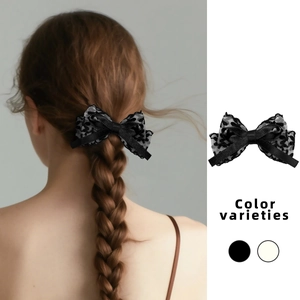 Elegant double-layer lace bow hair clip with polka dots and silk ribbon for women