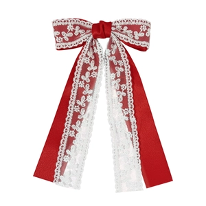 Elegante pinza para el pelo de satén rojo con encaje floral blanco y cintas largas