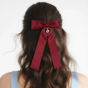 Burgundy bow hair clip with heart cross pendant in satin fabric for women