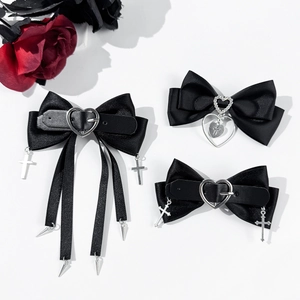 Gothic Black Bow Hair Clip Satin PU Leather Heart Buckle Cross Pendant Punk Dark Style Women Hair Accessories Headwear