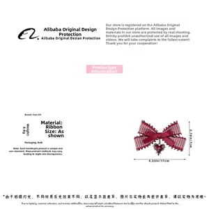Detail specifications for red plaid bow hair clip with heart cross pendant, size 11x7cm