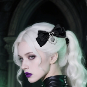 Gothic black ribbon hair clip with heart buckle and cross pendant on silver hair model