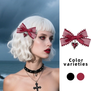 Gothic red plaid bow hair clip with heart cross pendant for punk Lolita fashion style