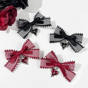Gothic Checkered Bow Hair Clip With Heart Cross Alloy Pendant Retro Punk Lace Webbing Hair Accessory For Women Girls