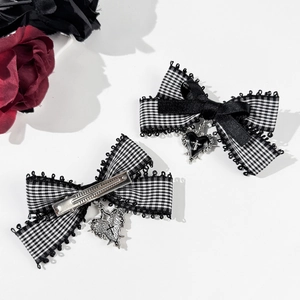 Gothic Lolita plaid bow hair clips with lace trim and silver cross heart pendants