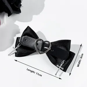 Gothic black ribbon hair clip with silver heart buckle and crosses, size 11x6cm