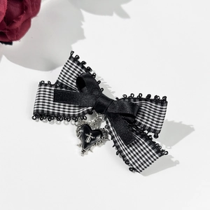 Gothic checkered bow hair clip with silver heart and cross pendant accessory