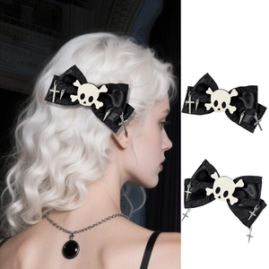 Gothic Halloween Totenkopf Kreuz Schleife Haarspange Schwarz Polyester Webbing Bowknot Haarnadel Mit Metallanhänger Damen