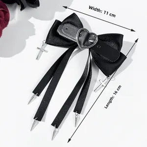 Gothic black ribbon bow hair clip with heart buckle and silver cross charms, 11x16cm detail
