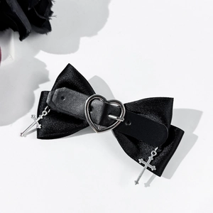 Gothic black satin bow clip with leather heart buckle and silver metal cross charms