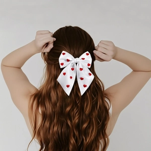 Détail d'un grand nœud en satin blanc avec des cœurs rouges sur de longs cheveux ondulés