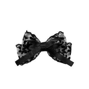 Elegant black and white double-layered lace bow hair clip with vintage silk texture