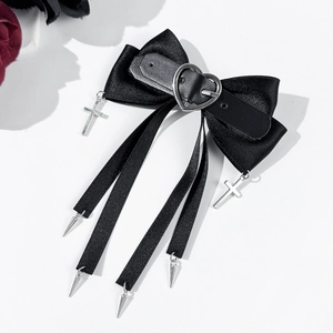 Gothic black ribbon hair clip with silver heart buckle, metal crosses and spiked tassels