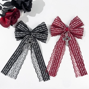 Gothic Lace Bow Hair Clip With Cross Pendant Letter Printed Ribbon Lolita Hair Accessory For Women Sweet Cool Style