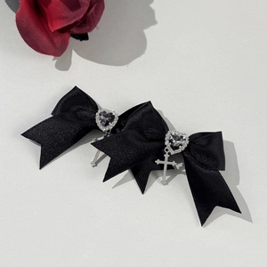 Gothic black satin bow hair clips with heart rhinestone and silver cross pendants