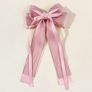 Barrette à cheveux élégante à double nœud rose avec longs rubans en satin et organza