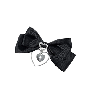 Gothic black ribbon bow hair clip with rhinestone heart and cross metal pendant charms