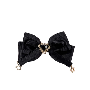 Barrette à cheveux nœud en satin noir avec gemme cœur et breloques étoiles pendantes