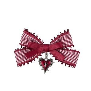 Red plaid bow hair clip with heart cross pendant in sweet gothic punk style
