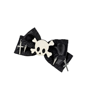 Schwarze Satin-Schleife Haarspange mit Silber-Totenkopf und Kreuz für Gothic-Style