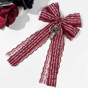 Gothic Lolita dark red lace bow hair clip with silver cross and rhinestone pendant