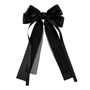 Pince à cheveux élégante nœud noir double couche avec longs rubans en satin lisse