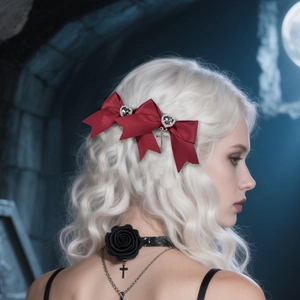 Gothic red satin bow hair clips with heart rhinestone and silver metal cross pendants