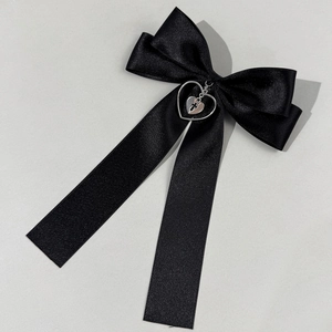 Black satin bow hair clip with silver heart cross pendant in minimalist Korean style