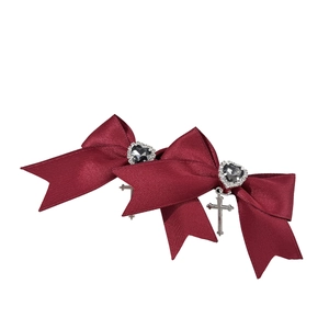 Gothic wine red satin bow hair clips with silver cross pendant and heart gemstone