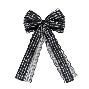 Gothic Lolita hair clip with black lace ribbons and silver cross pendant ornament